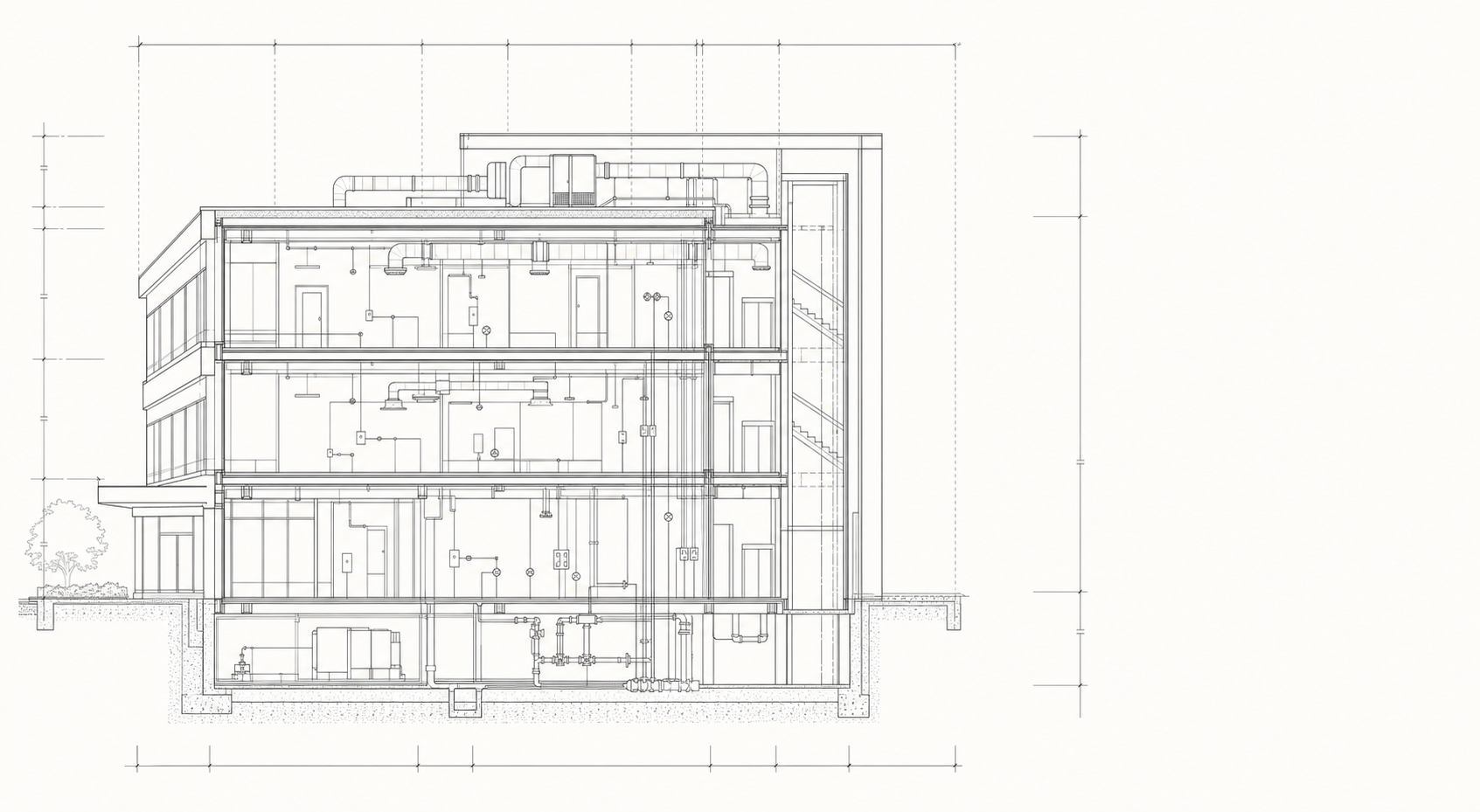 Line-art blueprint cross-section of a building showing mechanical ductwork, electrical conduit and plumbing risers
