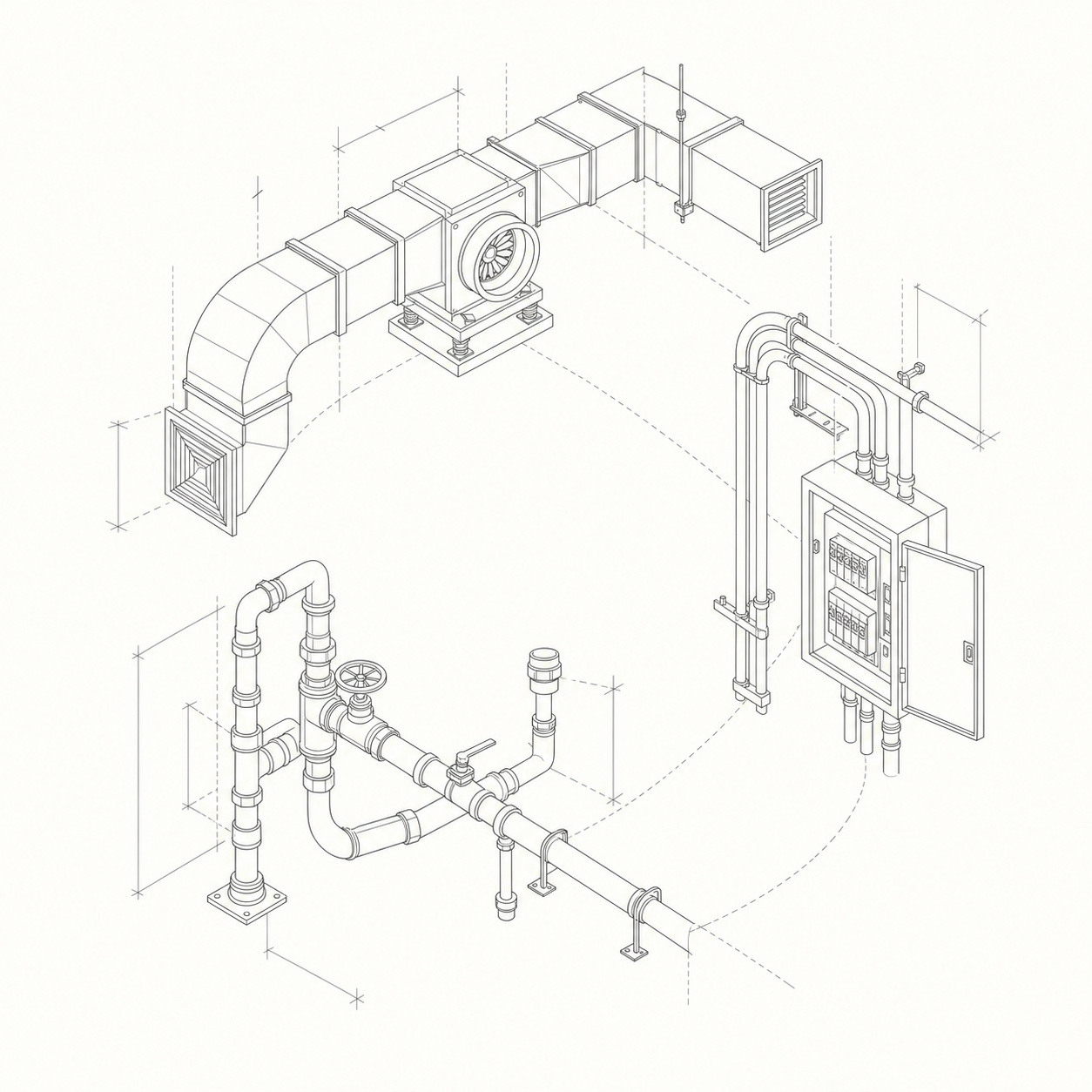 Isometric line-art diagram of ductwork, electrical panel and plumbing pipework connected in a coordinated model